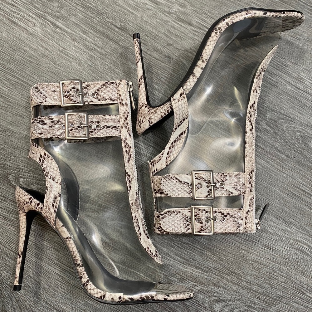 Cape Robin open toe clear heel boot with buckles